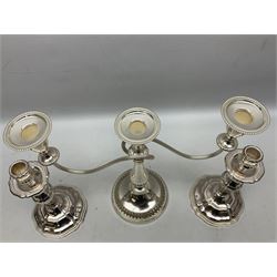 Pair of Viners silver plated candlesticks with weighted bases and twin branch candleabra, tallest H29cm