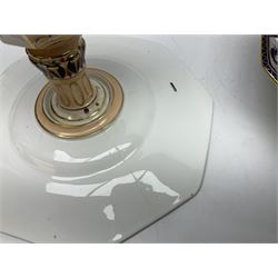 Devonport imari pattern comport set, comprising two tall comports and three low comports, together with twin handled pedestal ovoid vase, decorated with landscape with gilt swan handles, vase H25cm