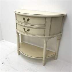 Laura Ashley demi-lune console side table, two drawers, turned tapering supports joined by single undertier, W86cm, H80cm, D40cm