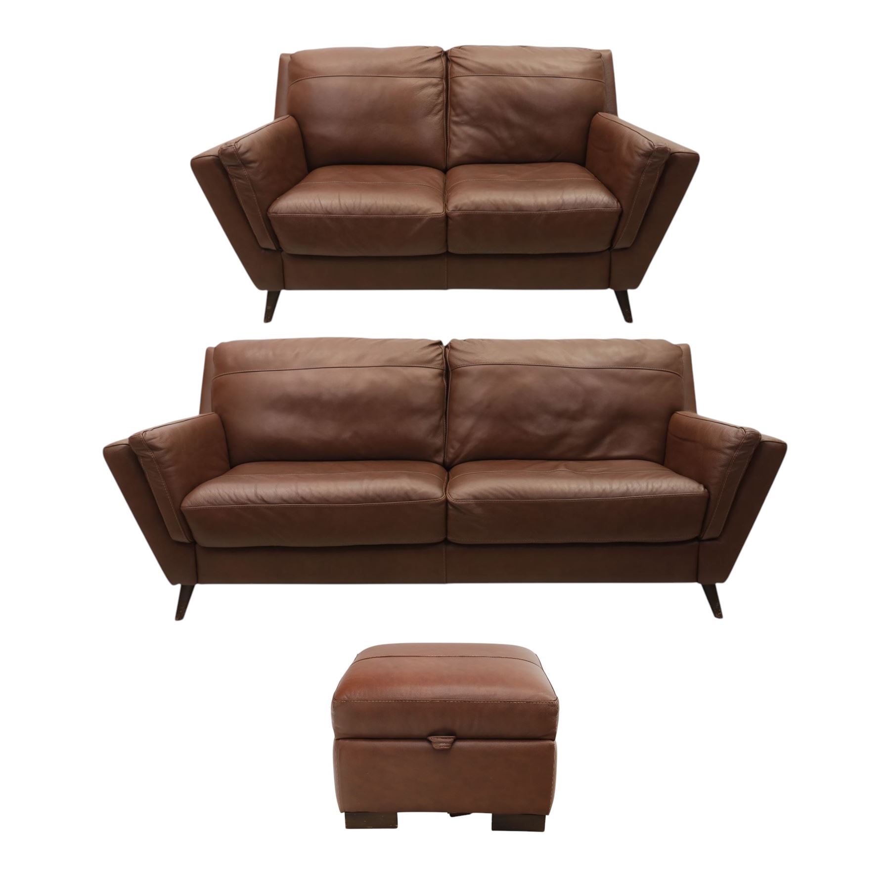 Sofology - grand two cushion three seat sofa, and matching two seater and stool with storage, upholstered in cocoa brown leather
Lengths: 210cm and 165cm