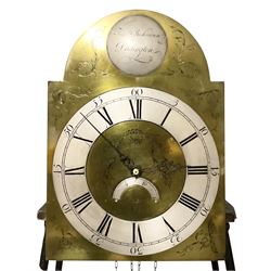 Timothy Richardson of Darlington-late 18th century 30hr longcase clock movement and dial c 1780, break arch brass dial with engraved spandrels, engraved dial centre and date aperture, silvered boss to the arch with makers name and place of work, with a silvered chapter, Roman numerals, five minute Arabic's, minute track and original steel hands, dial pinned directly to a chain driven movement with a recoil anchor escapement and outside countwheel strike, sounding the hours on a cast bell. With weight and pendulum. Dial 12