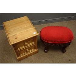  Pine two drawer beside table with plinth base, (W41cm, H54cm, D45cm), Georgian style stool upholstered in red fabric, cabriole supports, (W36cm, H44cm, L55cm)  