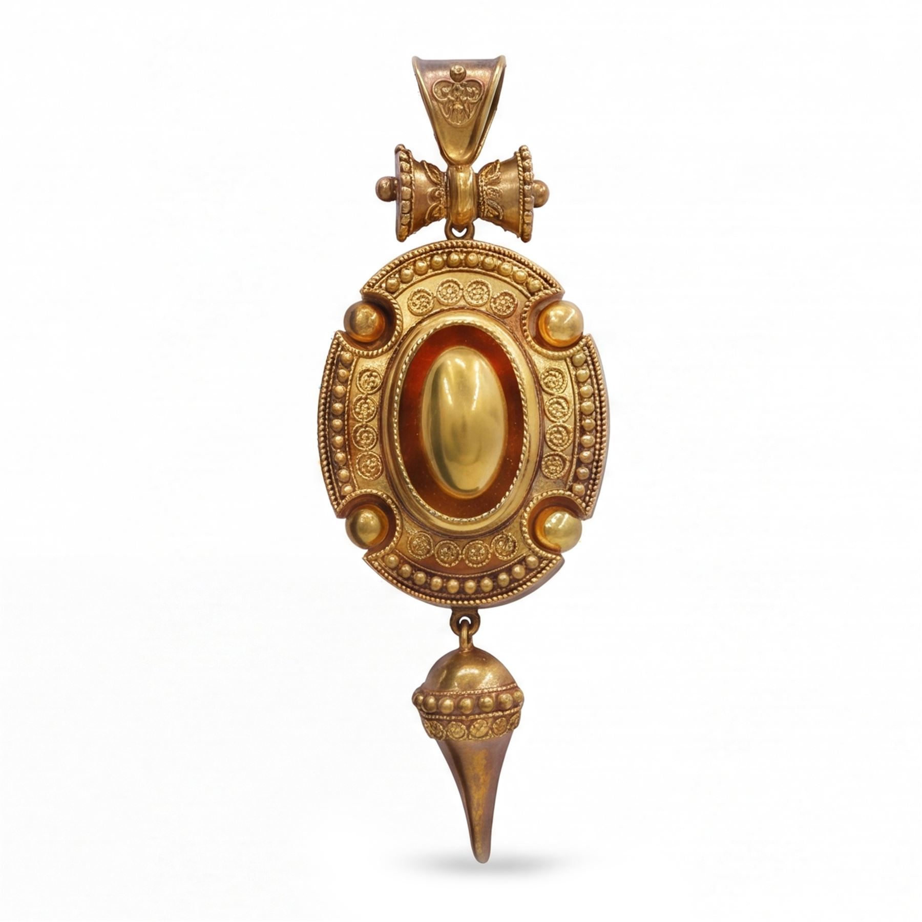 Victorian gold Etruscan revival pendant, cabochon oval bead surrounded by cannetille and bead decoration, with glazed back