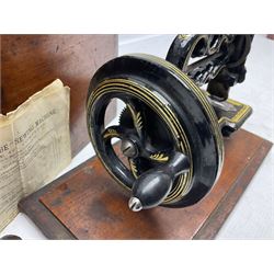 James G Weir 'The Globe' hand-cranked sewing machine, circa 1872, in black finish with gilt and flower painted decoration, the bed stamped Ja's G. Weir, 2 Carlisle Street, Soho Sq., London, with walnut locking carrying case and original manual, boxed H25cm 