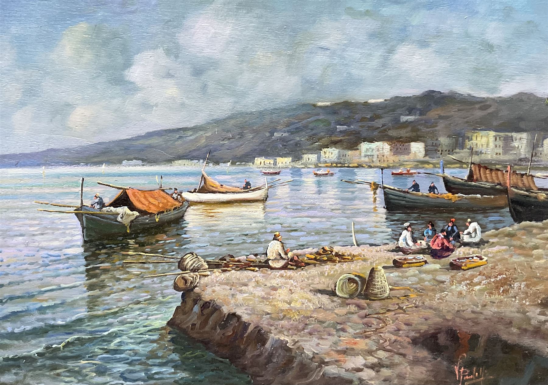 V* P* (Italian 20th century): The Amalfi Coast, oil on panel indistinctly signed 24cm x 33cm