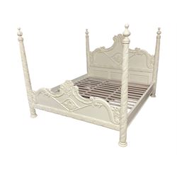 French design white finish 6' Super Kingsize four poster bed, shaped head and footboards decorated with flower heads and scrolled foliage, finialed reed moulded upright posts with intertwined ribbon