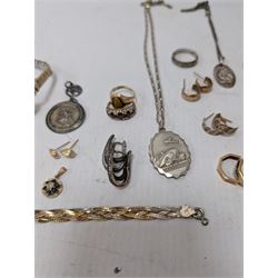 Georg Jensen silver St Christoper's pendant, 9ct gold jewellery including earrings and stone set ring, cameo, silver jewellery and a 9ct gold wristwatch, on expanding gilt strap