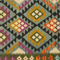 Afghan Maimana flatweave kilim, central field features large bold nested diamond motifs and stylized geometric lozenge patterns on olive purple, blue, and green tone ground, dark green border stripe, with fringe ends