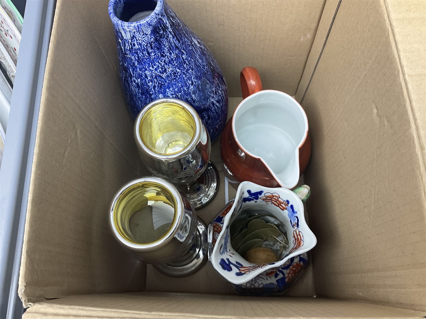 Royal Crown Derby duck, together with Emma Bridgewater mug, Coalport wall plaque and other ceramics and glassware etc, in three boxes 