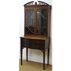  Edwardian Chippendale style mahogany cabinet, pierced swan neck pediment, two astragal glazed doors above serpentine moulded top, two drawers with blind fret work facias, on square tapering supports with spade feet, W78cm, H185, D42cm  
