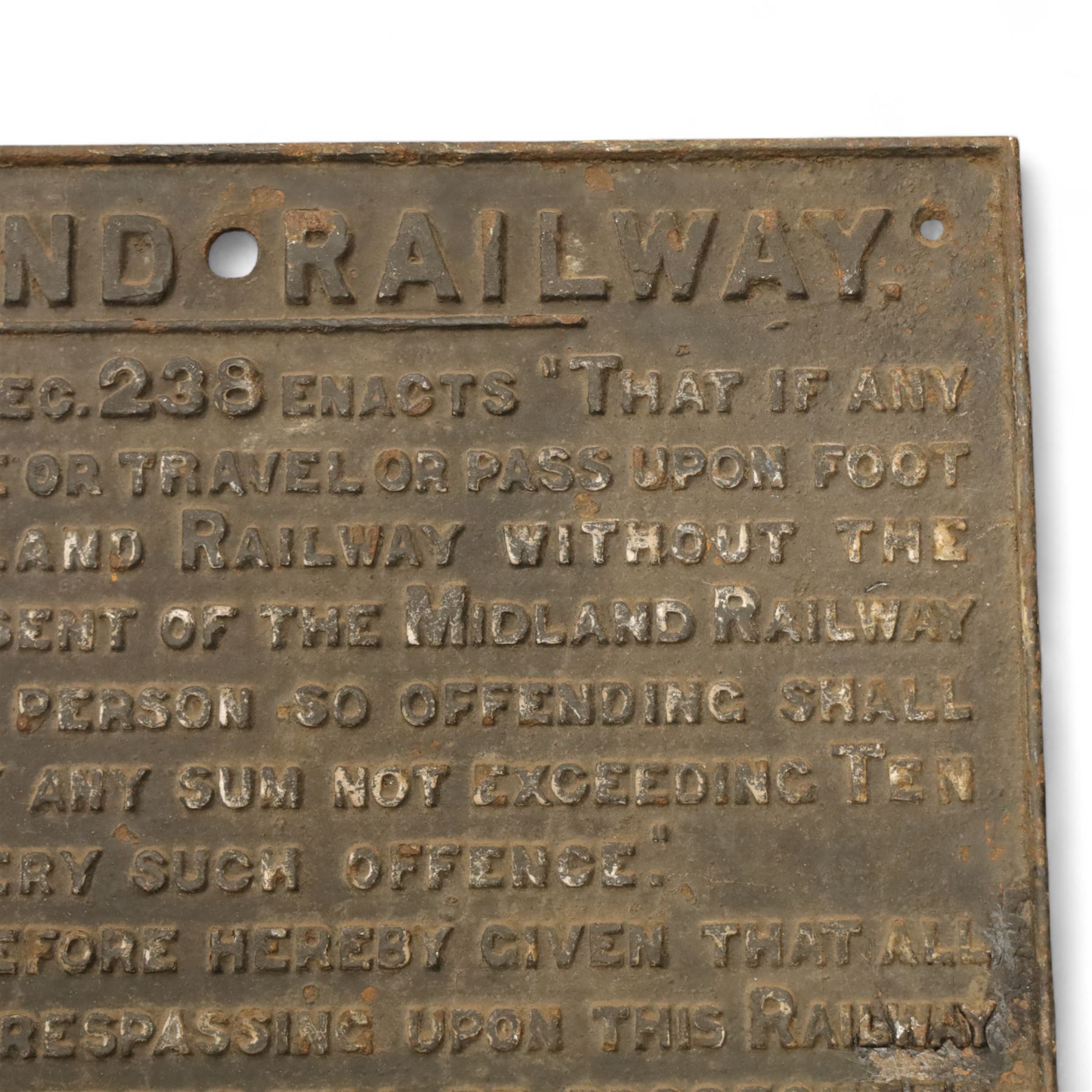 Late Victorian cast iron Midland Railway trespassing sign, dated June 1899, H51cm, W68cm