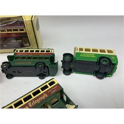 Two Brimtoy tin-plate model double decker buses, without keys, along with eight Lledo modern die-cast buses 
