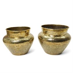  Islamic brass jardiniere  with all over engraving of figures, animals etc D31cm and a sli...