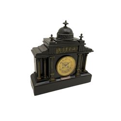 A Victorian c1890 Belgium slate mantle clock in a Byzantine style architectural case with reeded brass columns and repousse relief taken from Greek mythology, with a gilt dial with Arabic numerals, steel fleur de Lis hands within a glazed brass bezel, eight-day striking movement striking the hours and half hours on a coiled gong, presentation plaque dated 1901. With pendulum.




