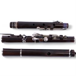 Rudall and Rose-1 Tavistock Street, Covent Garden, London, mid-19th century three piece flute c1830-50, probably crocus wood, with silver bands and keys, stamped with serial No 5060 and makers name in two places, in original velvet lined case containing makers original certificate with matching serial number. 