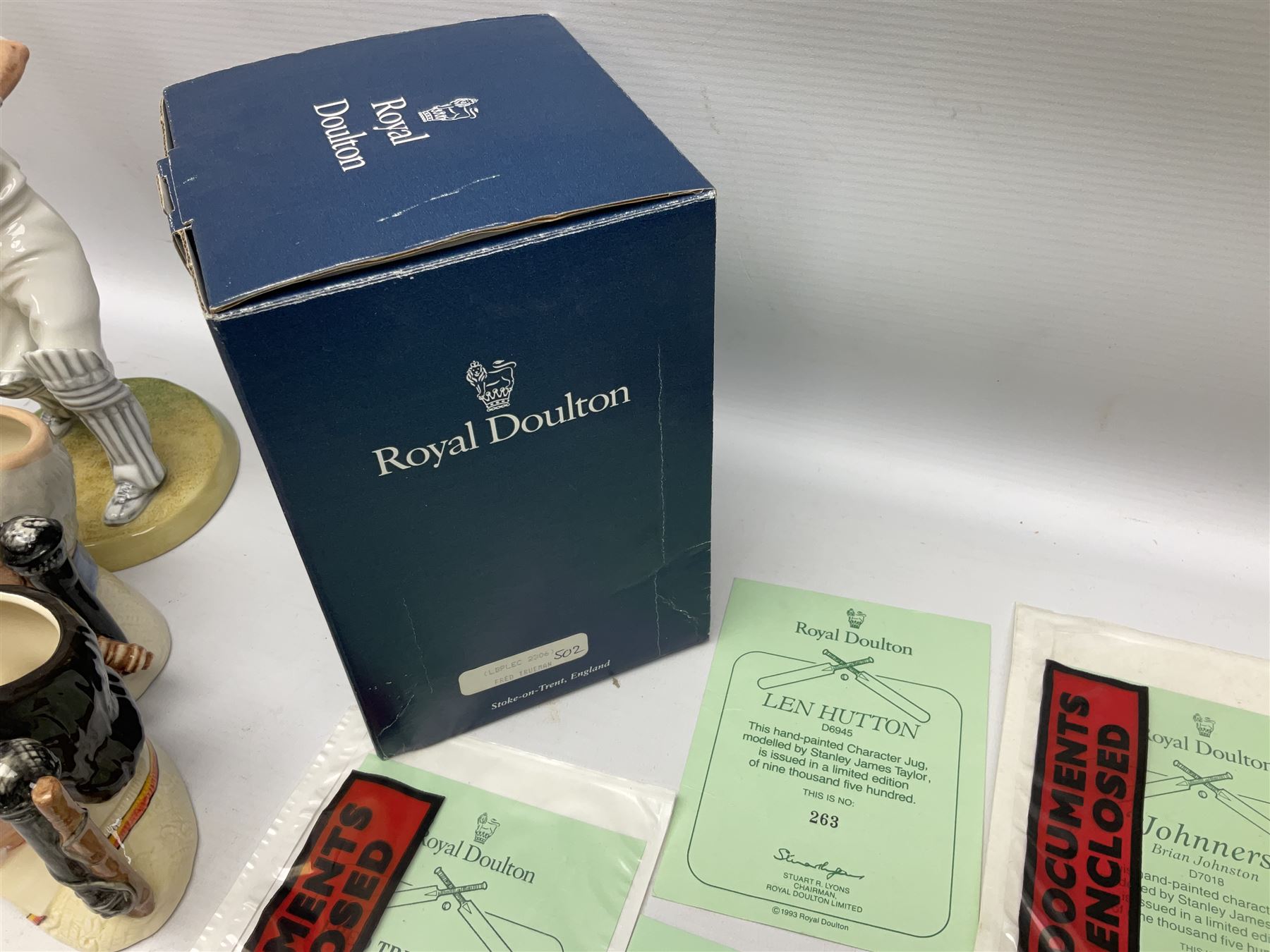Royal Doulton limited edition figure of Geoffrey Boycott O.B.E, HN3890, no 253/8114, together with four Royal Doulton limited edition character jugs of cricket interest, comprising The Hampshire Cricketer D 6739, no 3903/5000, Freddie Trueman O.B.E, D 7090, no 502/9500, Brian Johnners Johnston, D 7018, no 1281/9500 and Len Hutton D 6945 no 263/9500, four with certificates, one with box