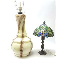 Tiffany style table lamp with leaded glass shade decorated and bronzed art nouveau style base with dragonflies H43cm and a glass table lamp H64cm. 