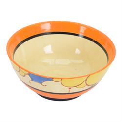 Clarice Cliff Fantasque Bizarre for Newport Pottery bowl, decorated in the Summerhouse pattern c.1931-1933, the exterior painted with stylised trees with yellow foliage and clouds bordered by black and orange bands, with black printed marks and impressed 1 1/2 beneath, D18.5cm