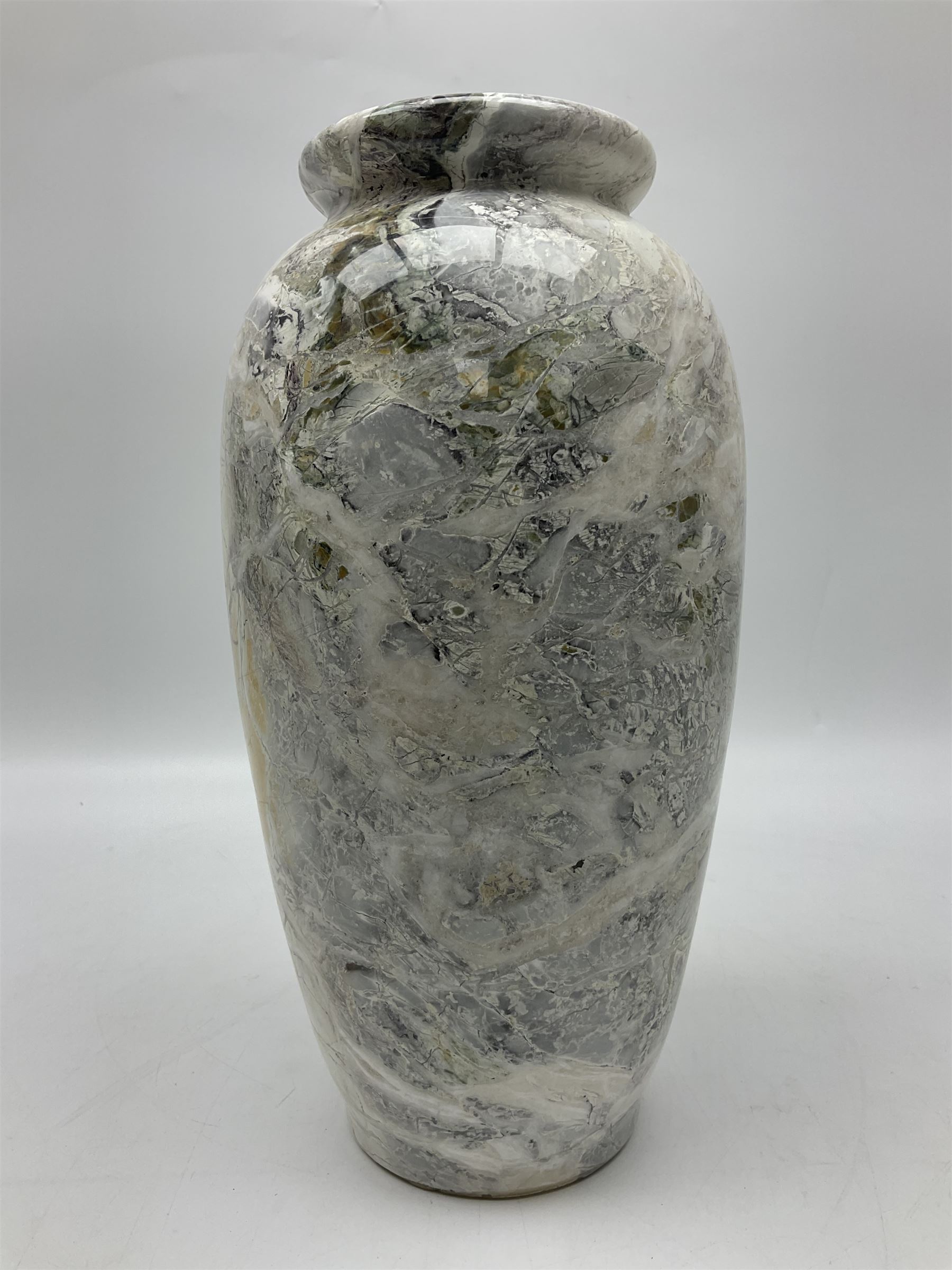 White marble vase, of baluster form, with grey, gold and green undertones, H30cm