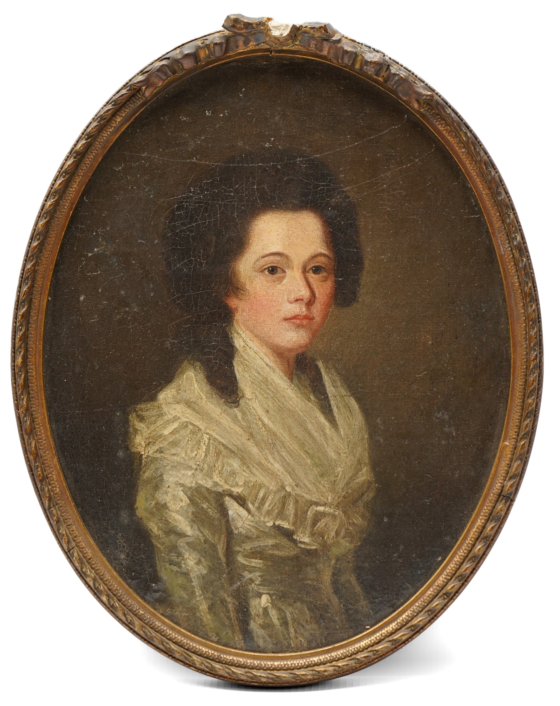 English School (late 18th/early 19th century): Two Portraits of Georgian Young Ladies, pair of oils on canvas laid on to board unsigned, in matching oval frames 24cm x 19cm (2)