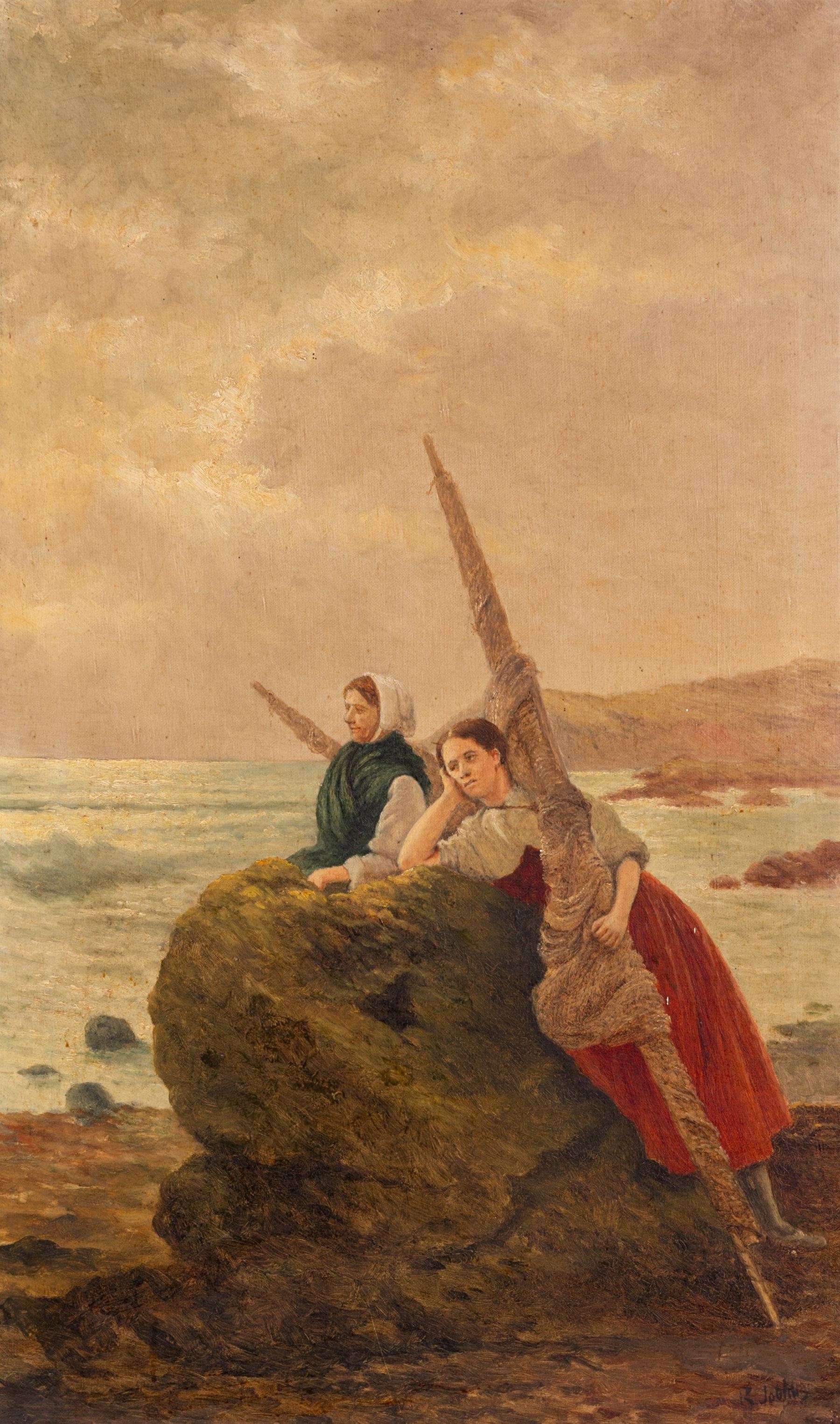 Robert Jobling (Staithes Group 1841-1923): 'Waiting for the Boats', oil on canvas signed 74cm x 44cm