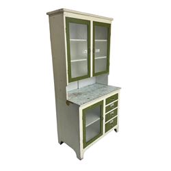 Mid-20th century painted kitchenette, raised glazed cabinet over single glazed door and four drawers