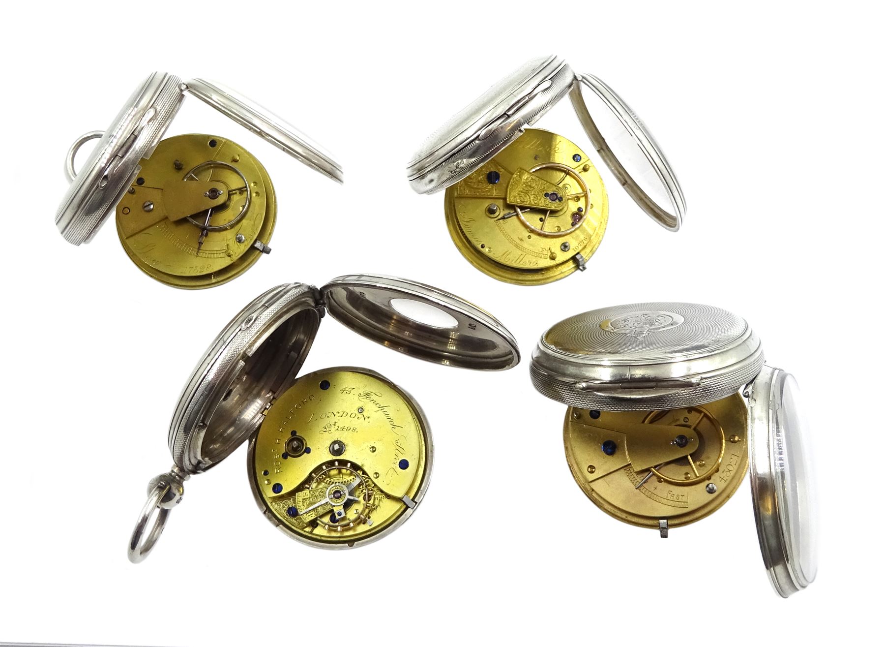 Victorian silver half hunter lever fusee presentation pocket watch by Robert H Halford, silver open face ever fusee by James Miller, Selkirk and two other silver open face lever going barrel pocket watches, all hallmarked (4)