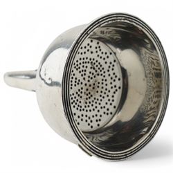 George III silver wine funnel London 1818 Maker William Bateman I, small silver four division toast rack, shell butter dish and two condiments 