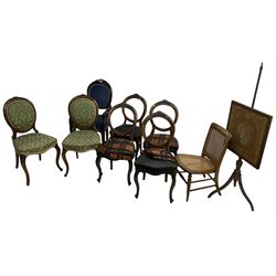 Set of four Victorian walnut balloon back dining chairs; pair of Victorian walnut dining chairs; Victorian design open armchair; Victorian beech framed and cane nursing chair; early 19th century mahogany pole screen with square needlework panel (9)