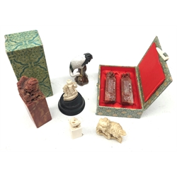  Early 20th century Chinese ivory desk seal with Dragon surmount, two Chinese hardstone desk seals, 19th century ivory figure of Ganesha, 19th century carved ivory Dog of Fo and Chinese pottery figure of a Crane (6) (mao1607)  