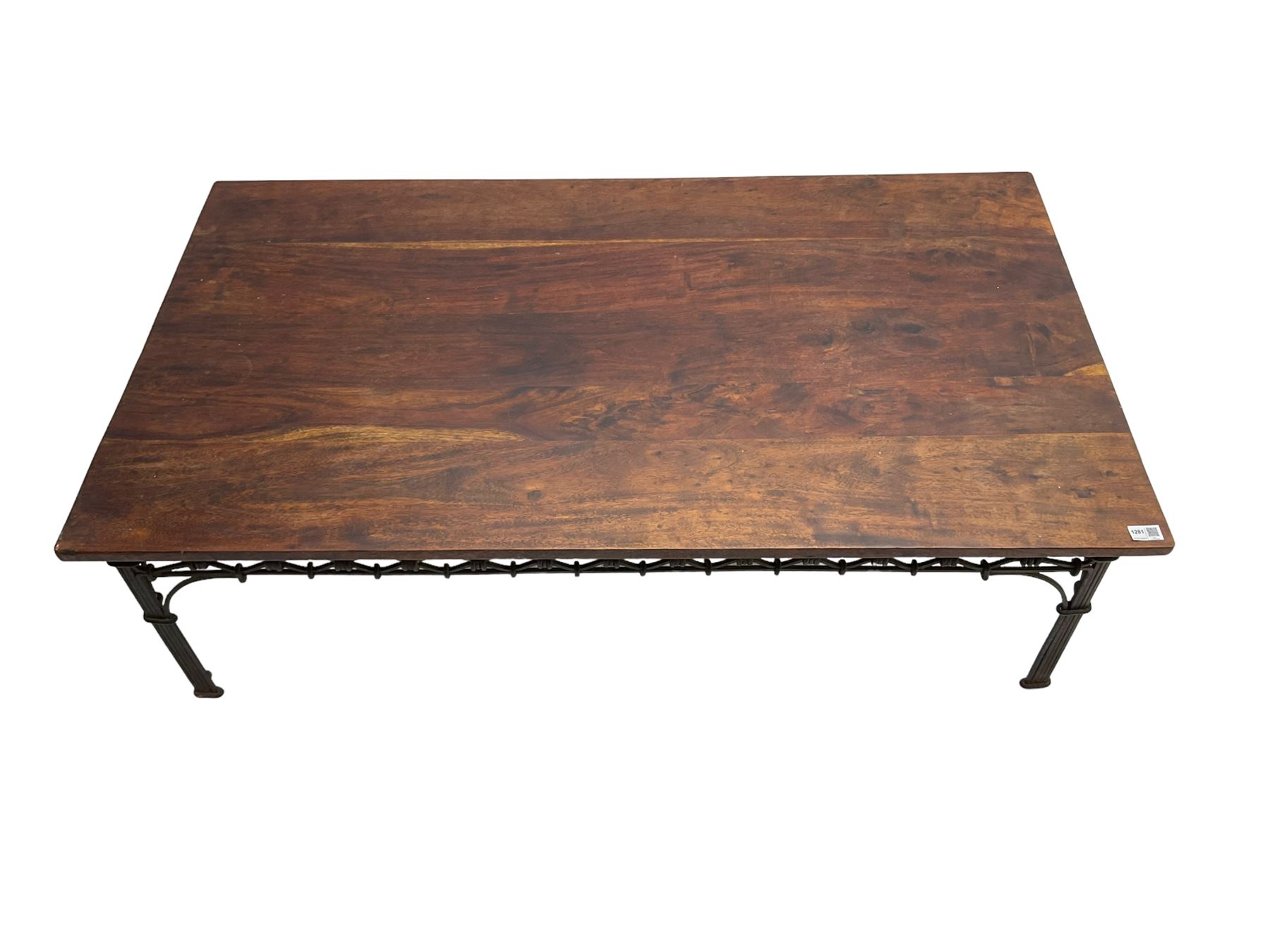 Laura Ashley - mango wood and wrought iron coffee table, the rectangular top over a pierced wrought iron frieze in repeating lozenge pattern