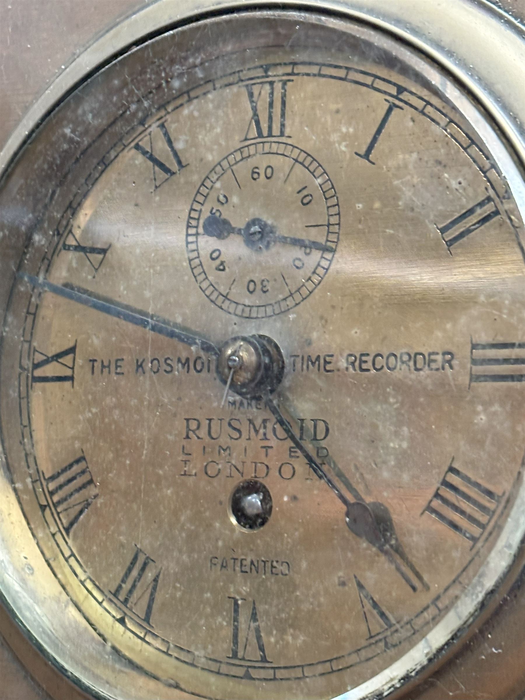 Kosmoid Time recorder, early 20th century, model 'c' table time recorder by Rusmoid Ltd, London, brass dial with subsidiary seconds hand, single fusee movement, in an oak and brass case. W22cm, H13cm, D26cm. - COLLECTION BY APPOINTMENT FROM: The White House, Thirsk Road, Easingwold, York, YO61 3NF - CALL 01723 507111 TO ARRANGE
