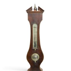 Three mahogany wheel barometers, each with silvered dial, thermometer and hygrometer, two with inlaid decoration, one with architectural pediment and one with swan-neck pediment 