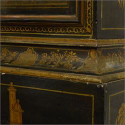 William Hayler of Chatham (Kent) - Fine George III black japanned chinoiserie decorated longcase clock c1760,  hood with a break arch top, glazed side panels and three matching wooden finials, conforming hood door beneath with attached pilasters, long trunk with a  break arch door and moulded surround, on a square double stepped plinth with a flat base, case and hood profusely decorated with scenes of gilt pagodas, temples, birds, people and panels of floral decoration, brass dial with cast brass spandrels and a silvered boss to the arch, silvered chapter with Roman numerals, minute track and five minute Arabic's, matted dial centre with seconds dial, date aperture, matching steel hands and silvered cartouche with makers name, dial pinned directly to a five-pillar rack striking movement with a recoil anchor escapement. With  pendulum, weights  and key.
William Hayler is recorded as working in High Street, Chatham, from 1750-1810, possibly two makers (father & son) working in succession.

