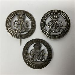 Three WW1 'Services Rendered' wound badges, nos.B333490, 180063 and 268702; two King's Badges 'For Loyal Service'; one in original box; hallmarked silver ARP badge; copy of Imperial German marine Pilot's badge; French 61st Airborne Signal Battalion badge marked Drago Paris; and French 403rd Anti-Aircraft Artillery Regiment badge by Arthus Bertrand (9)