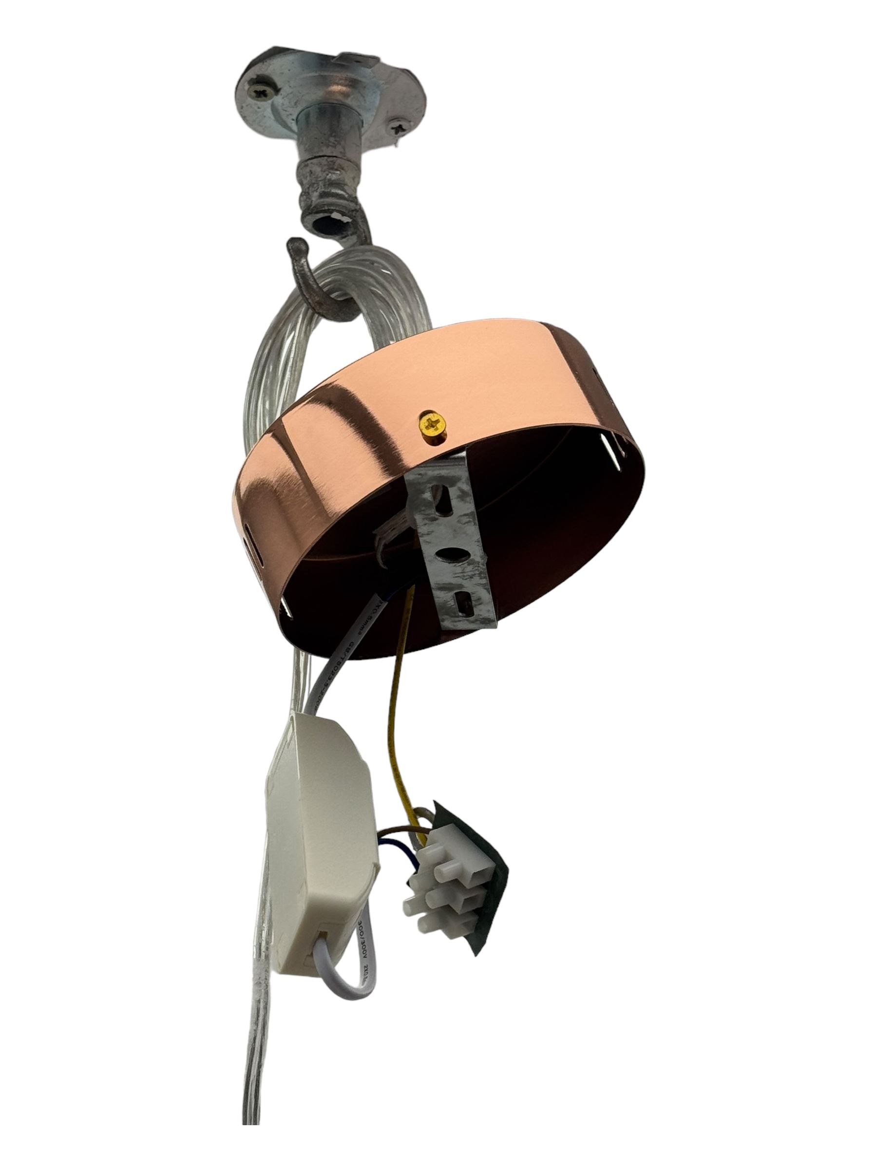 Collection of vintage and modern light fixtures, including copper pendant light, brass five-arm chandelier, hanging lantern and two small chandeliers with hanging faceted droplets (6)