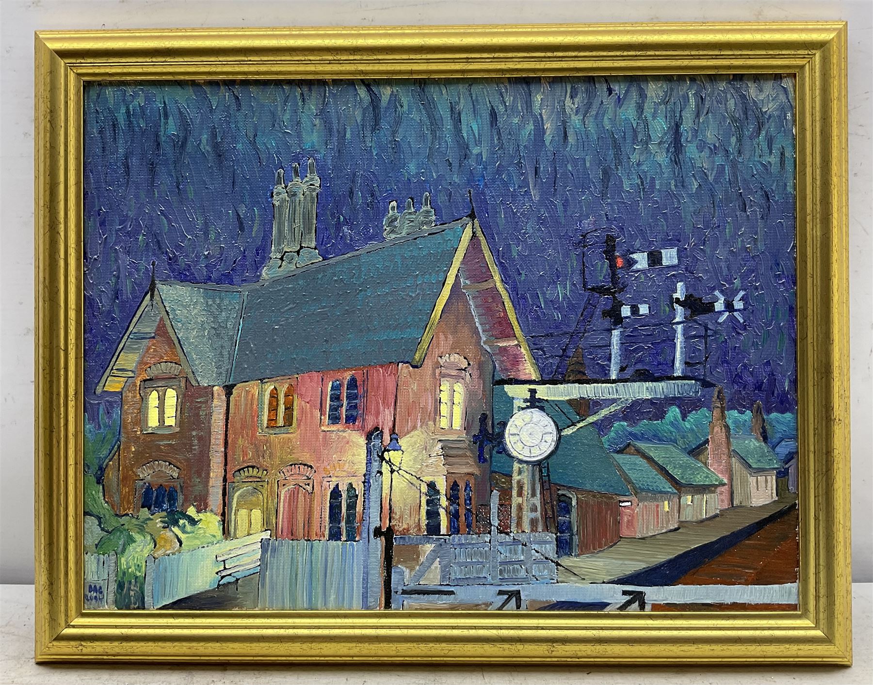 Dag Hagenaes Kjelldahl (Norwegian/Whitby Contemporary): 'Grosmont Railway Station at Night in Red with Clock', oil on canvas signed and dated 2004, 30cm x 40cm