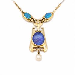 Murrle Bennett & Co Art Nouveau gold boulder opal and pearl pendant, stamped 15ct, on platinum bar and 15ct gold belcher link chain necklace 