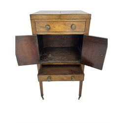 Georgian mahogany washstand cabinet, the double hinged lid opens to reveal wash basin and lift up tilting mirror, false drawer over double cupboard and drawer, on square supports with brass cups and castors