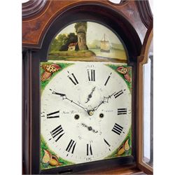 Samuel Ritchie of Forfar - William IV 8-day Scottish longcase clock in a mahogany case, with a swans neck pediment, brass paterae and three ball and spire brass finials, case and trunk inlaid with satinwood stringing on a plinth raised on decorative bracket feet, painted break arch dial depicting a costal scene to the break arch and conch seashells to the spandrels, Roman numerals, subsidiary seconds and date dials with matching steel hands, with a rack striking movement striking the hours on a bell. With weights, key, and pendulum.  Samuel Ritchie is recorded as working in Forfar 1800-37.