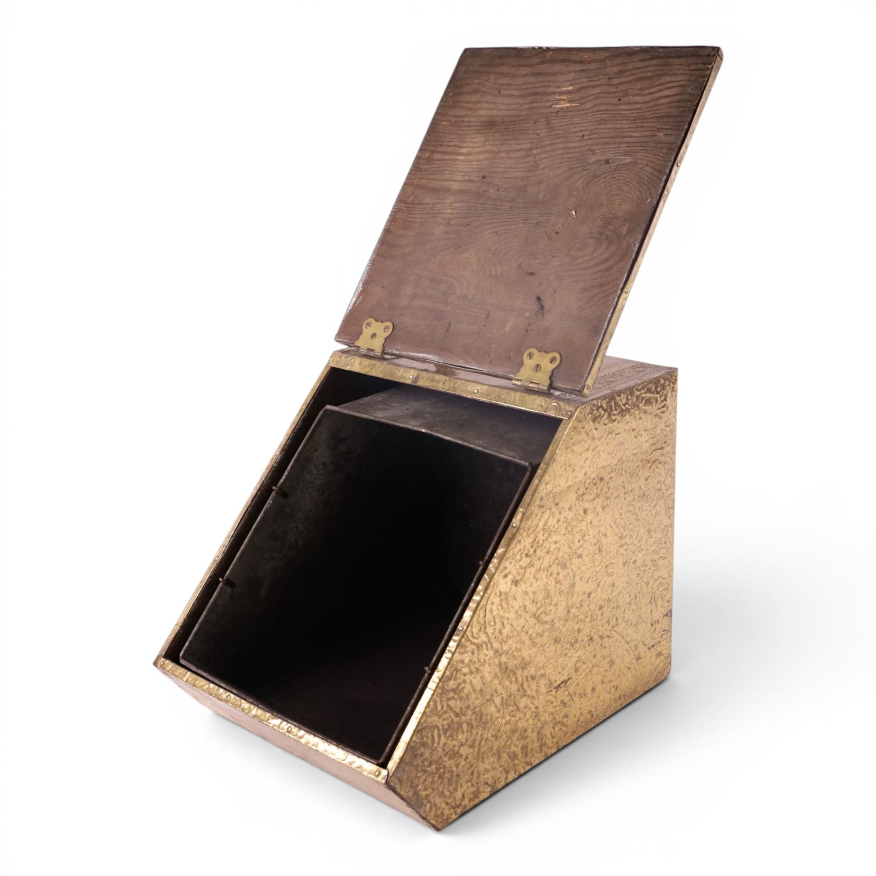 Arts and Crafts brass bound coal box, with sailing ship decoration to the front and lid, together with a similar slope fall front coal box, largest H36cm, 54cm
