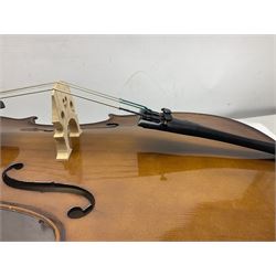 Stentor Student I quarter-size cello with 59.5cm two-piece maple back and ribs and spruce top; bears maker's label with serial no.M076096 L95.5cm overall; in Stentor soft carrying case with bow