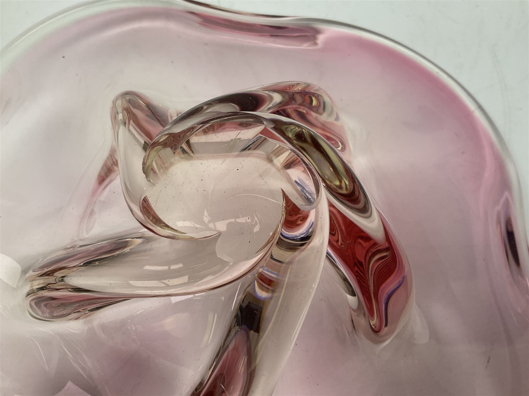 Two Whitefriars glass jugs, together with a Swedish Pukeberg art glass vase and three art glass bowls, including large pink example, some signed to base, tallest H30.5cm
