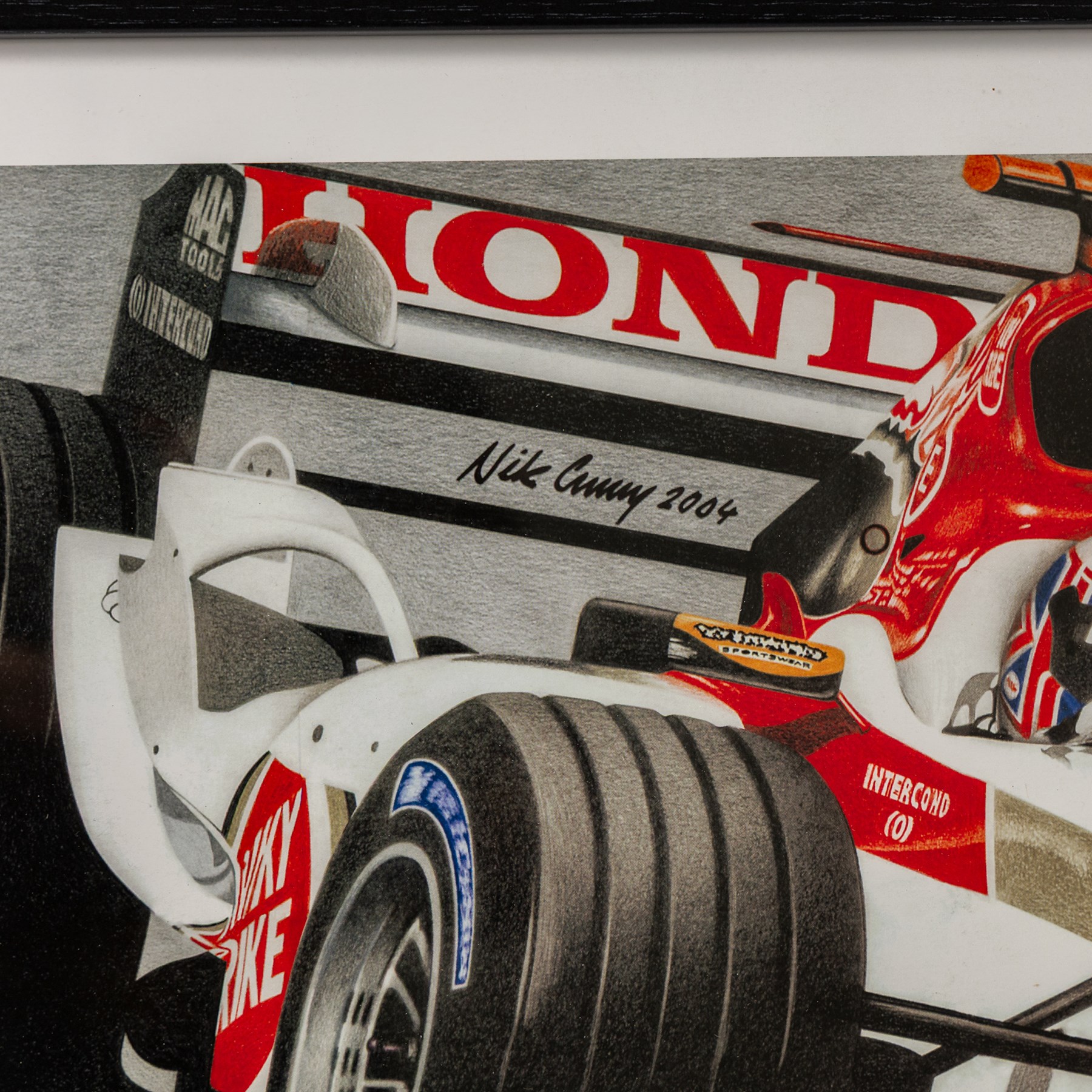 Four Formula 1 racing prints by Nik Curry, all within black frames, largest H38cm, W58cm