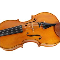 Late 20th century German full size viola, labelled to interior 'Walter Muller Bad Brambach 1976 made in GDR' with two-piece back, ebonised finger board, tuning pegs and tail piece, with a carved scroll and two bows, in hard fitted case, back length 16 inches