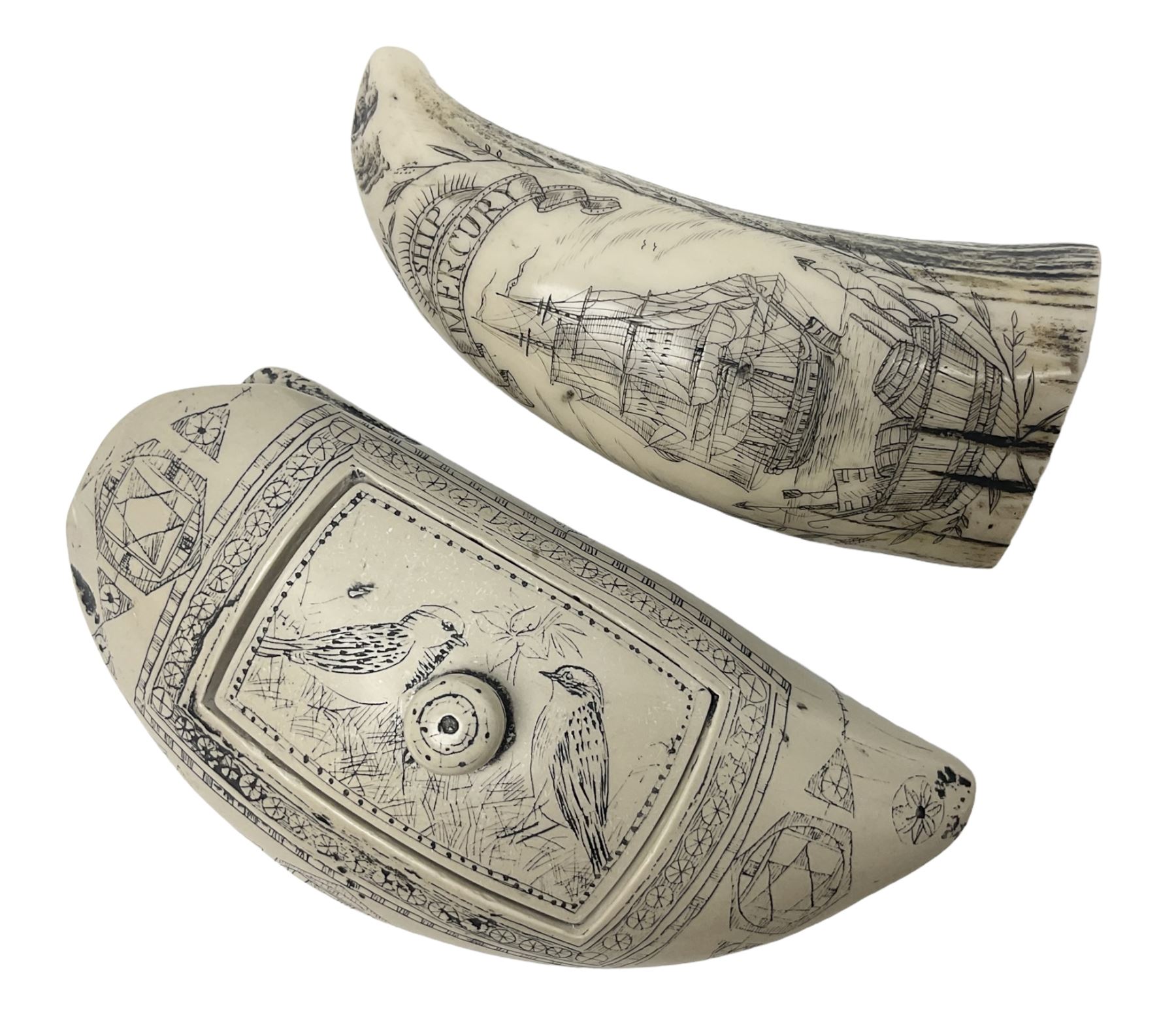 20th century resin carvings in the style of scrimshaws the first example depicting Ship Mercury, the other with a removable top, tallest example H10.5cm