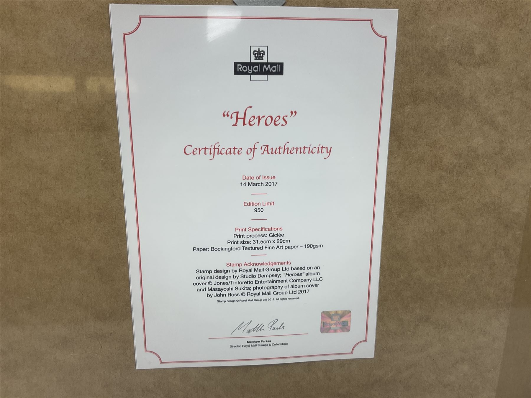 Set of four Royal Mail David Bowie limited edition album stamp prints, comprising Blackstar, Heroes, Let's Dance and Aladdin Sane, all framed and in original packaging, H43cm W43cm