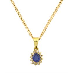 18ct gold oval cut sapphire and round brilliant cut diamond pedant, on 9ct gold chain neck...