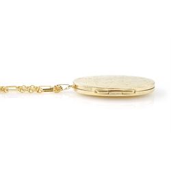 Gold oval locket with engraved decoration, on a gold fancy link chain, both 9ct, hallmarked 