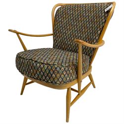 Ercol - light beech framed low-back 'Windsor' easy chair, with upholstered loose seat cushions, on splayed tapering supports joined by turned stretchers 